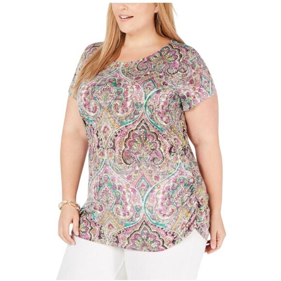 INC International Concepts Multi Opulent Paisley Ruched Tunic Top Plus 0X NWT - Picture 1 of 16